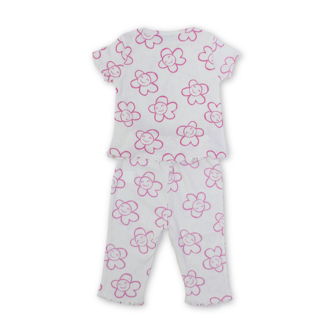 Baby Girls Cotton Outfit Set – Off-White with Flowers Print