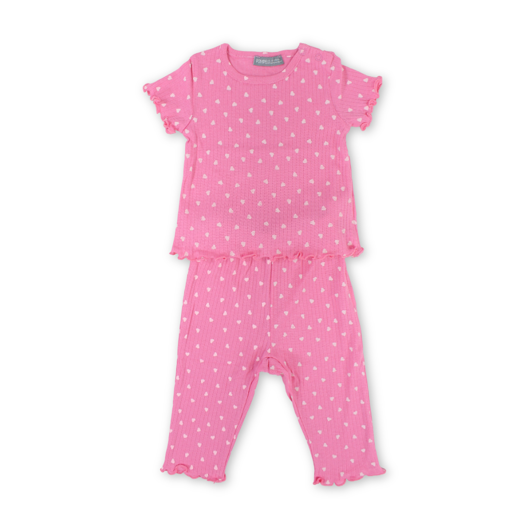 Baby Girls Cotton Outfit Set – Fuchsia with Hearts Print
