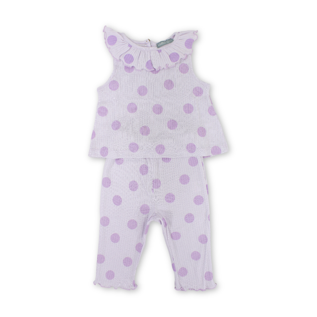 Baby Girls Cotton Outfit Set – Purple with Polka-Dot Print