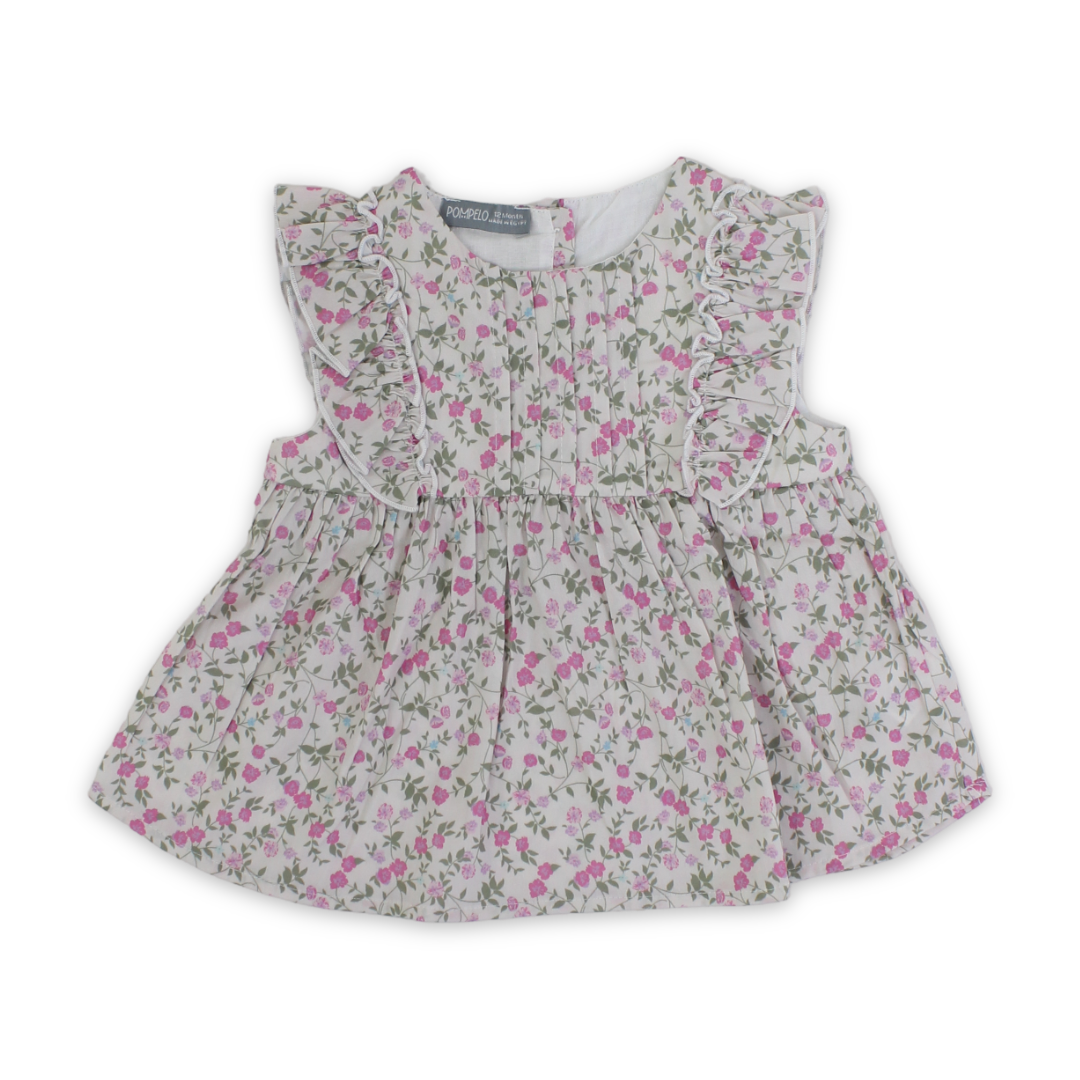 Baby Girls Cotton Blouse – Off-White with Flowers Print - Clothing - Pompelo