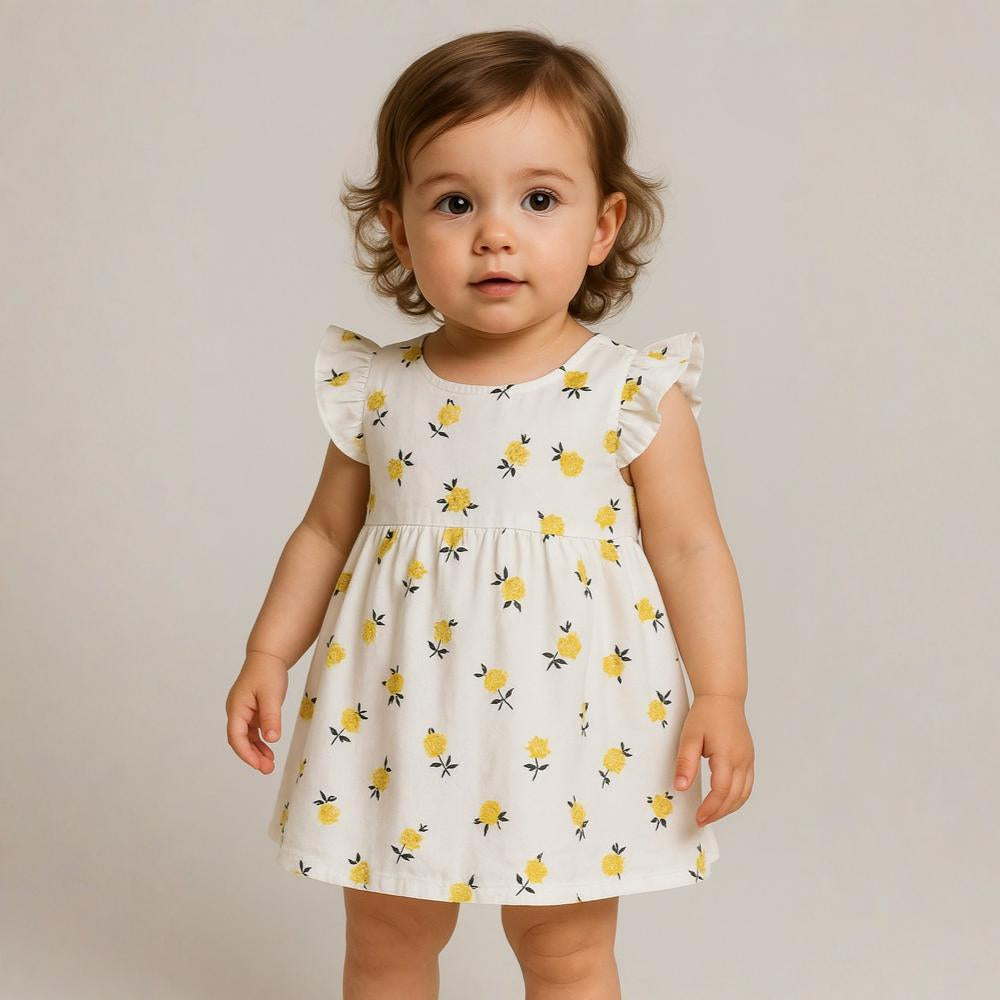 Baby Girls Cotton Dress - White with Yellow Flowers