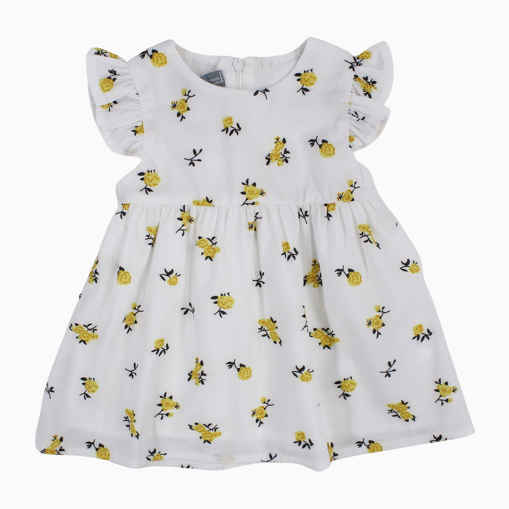 Baby Girls Cotton Dress - White with Yellow Flowers