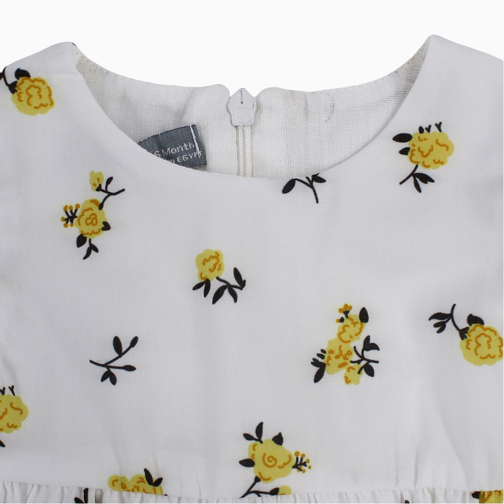 Baby Girls Cotton Dress - White with Yellow Flowers