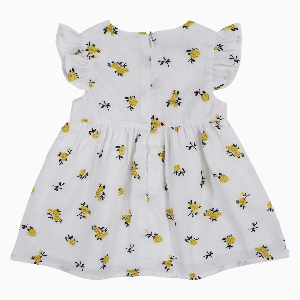 Baby Girls Cotton Dress - White with Yellow Flowers