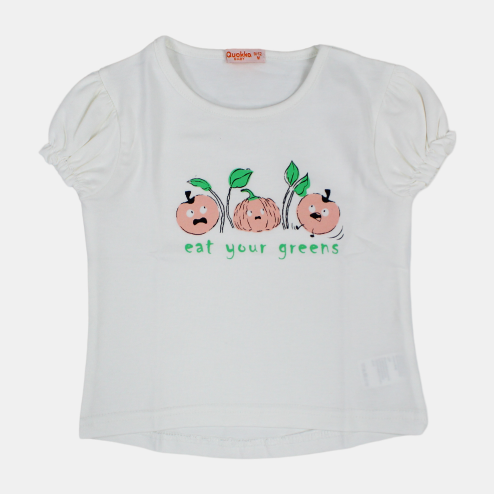 Girls Short-Sleeved Cotton T-Shirt with "Eat Your Greens" Print