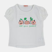 Girls Short-Sleeved Cotton T-Shirt with "Eat Your Greens" Print