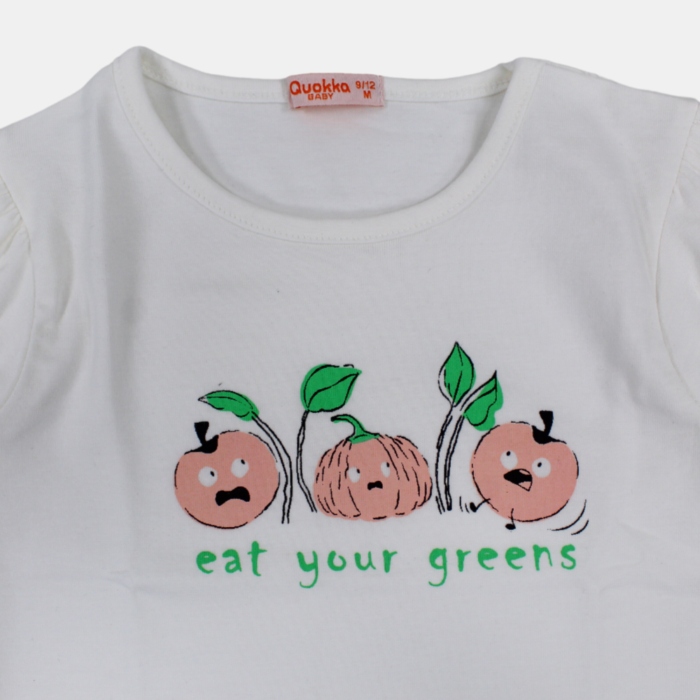 Girls Short-Sleeved Cotton T-Shirt with "Eat Your Greens" Print