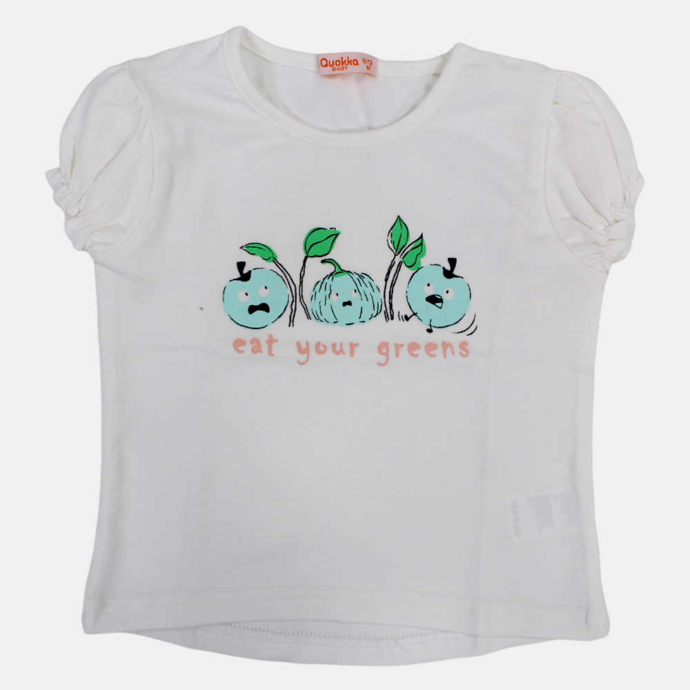 Girls Short-Sleeved Cotton T-Shirt with "Eat Your Greens" Print