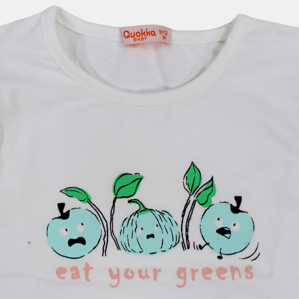 Girls Short-Sleeved Cotton T-Shirt with "Eat Your Greens" Print