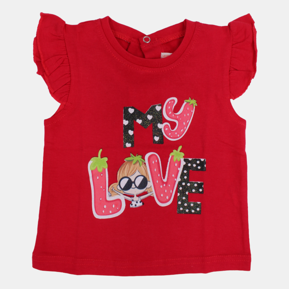 Baby Girls Ruffled Shoulders Cotton T-Shirt - Fun Lovely Print