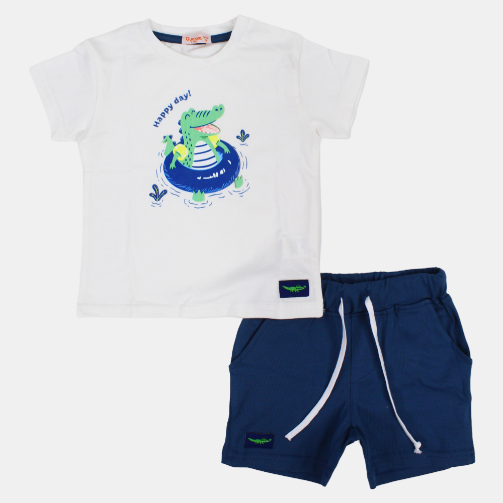 Boys Short-Sleeved 2-Piece Cotton Outfit Set – Happy Crocodile Design