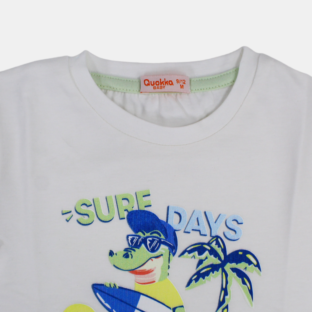 Boys Short-Sleeved Cotton T-Shirt with Surfing Crocodile Print