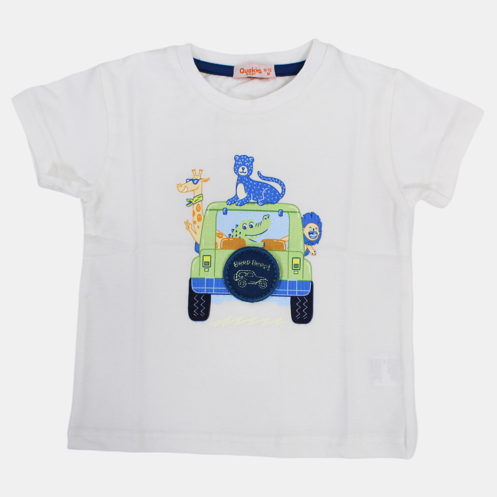 Boys Short-Sleeved Cotton T-Shirt with Safari Animals Print