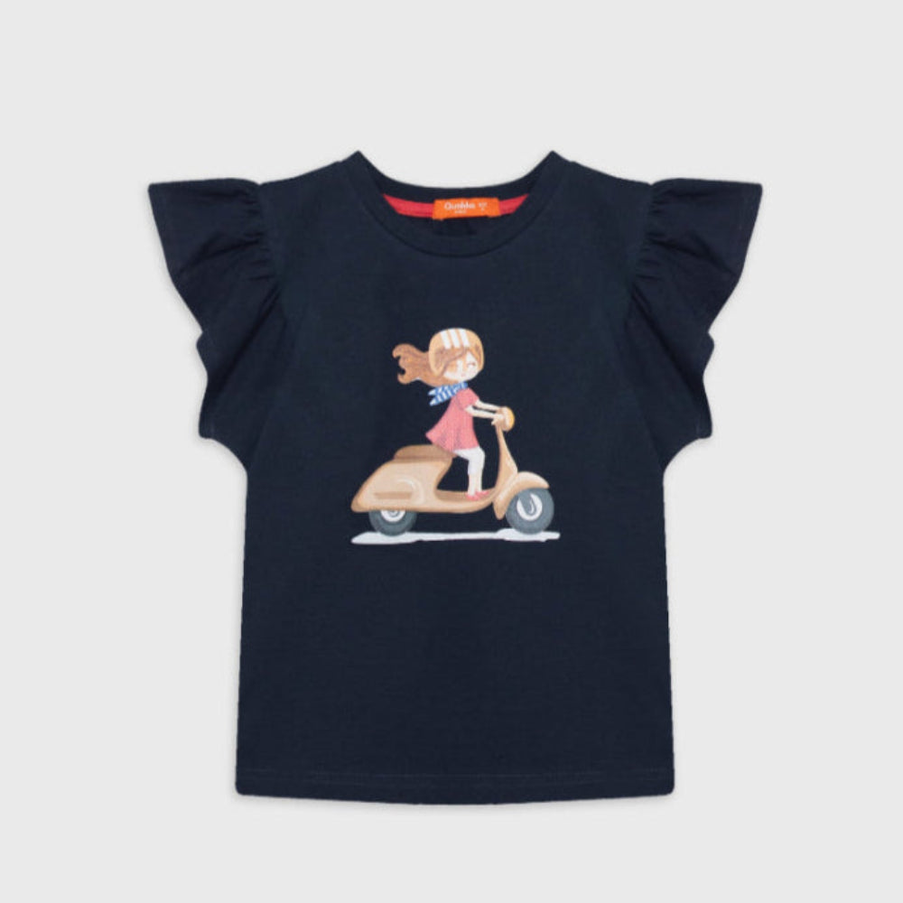 Girls Ruffled Shoulders Cotton T-Shirt - Girls on a Scooter Print