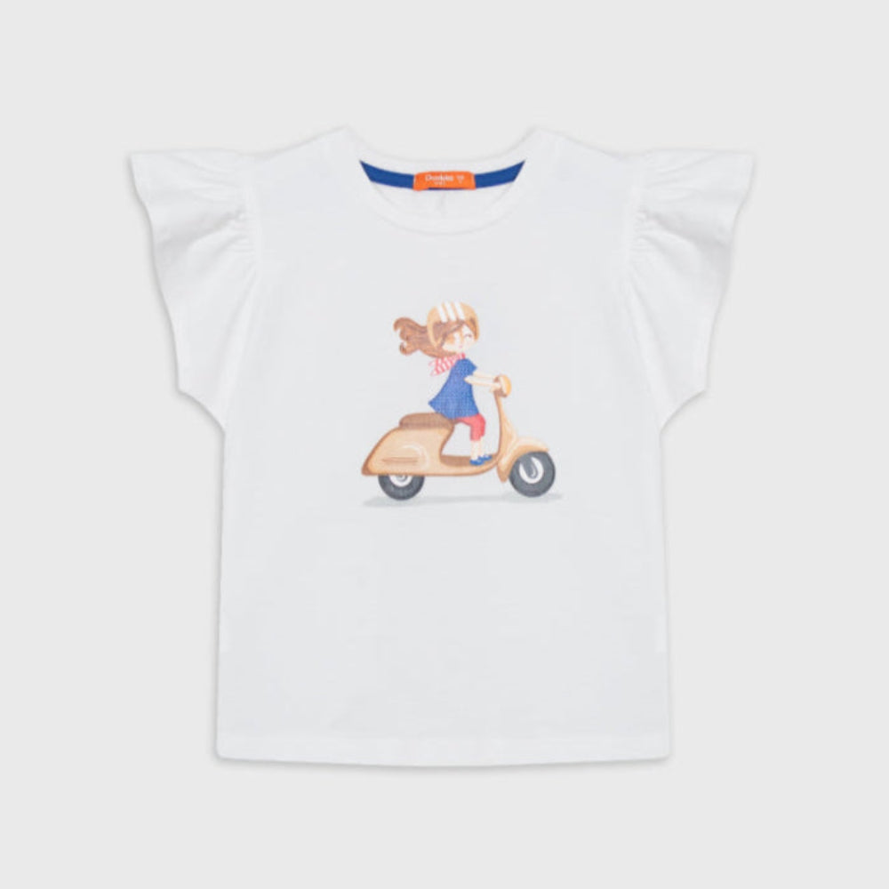 Girls Ruffled Shoulders Cotton T-Shirt - Girls on a Scooter Print