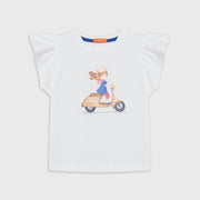 Girls Ruffled Shoulders Cotton T-Shirt - Girls on a Scooter Print