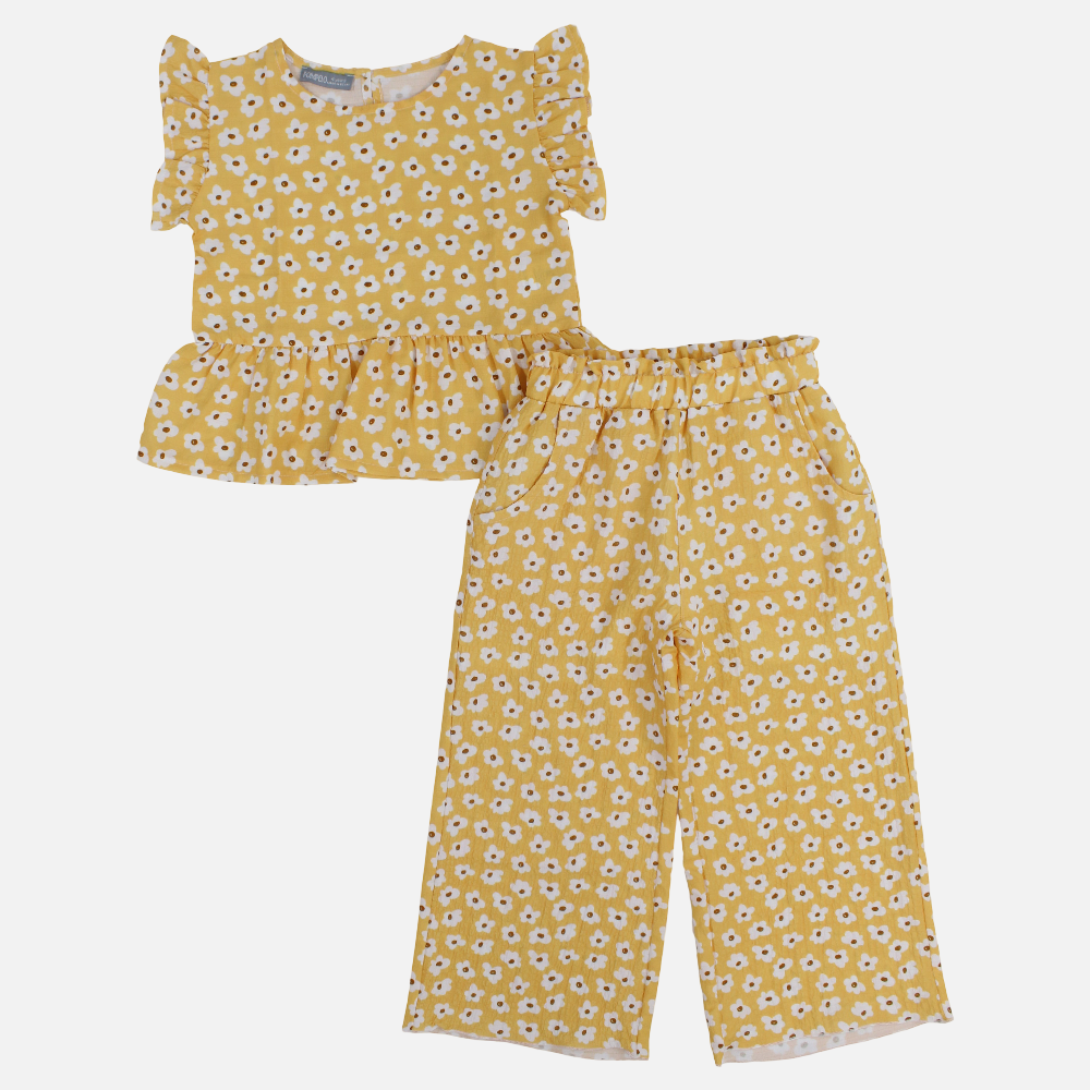 Girls Cotton 2-Piece Outfit Set – Yellow with Mini Flowers Print