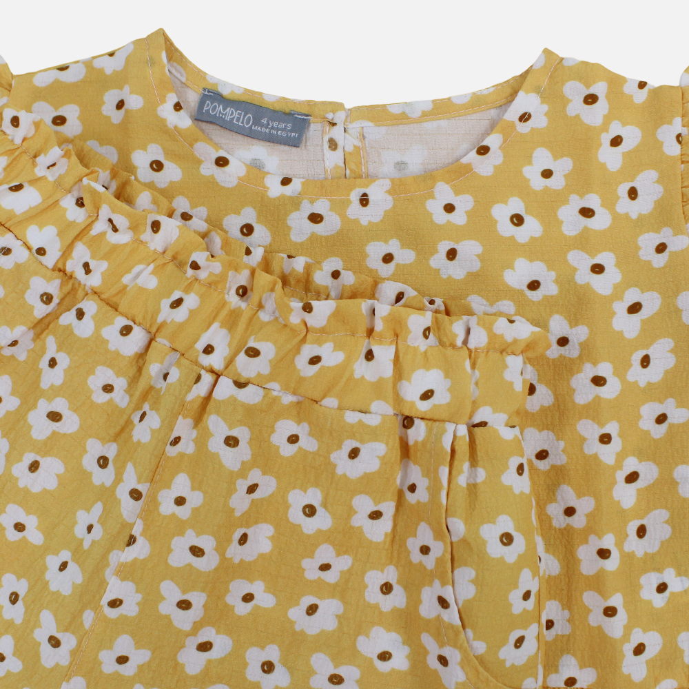 Girls Cotton 2-Piece Outfit Set – Yellow with Mini Flowers Print