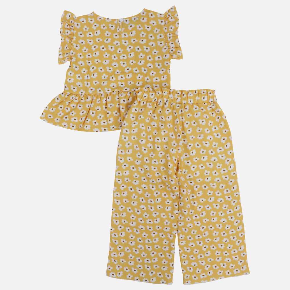Girls Cotton 2-Piece Outfit Set – Yellow with Mini Flowers Print