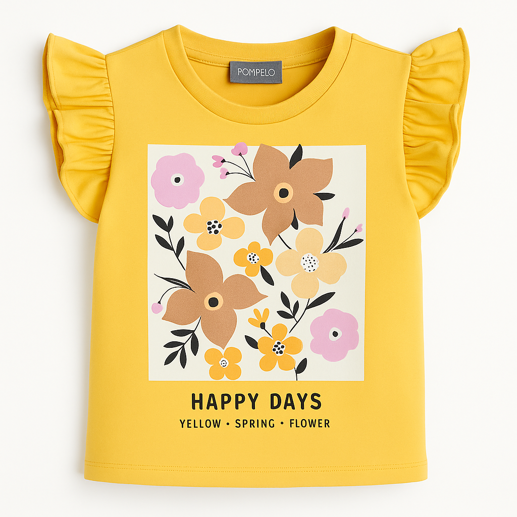 Girls Cotton Ruffled Shoulders T-Shirt – Yellow with a Flower Print
