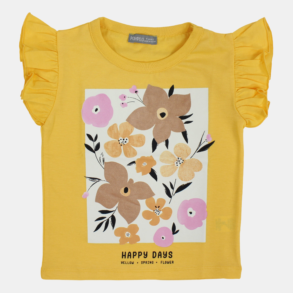 Girls Cotton Ruffled Shoulders T-Shirt – Yellow with a Flower Print