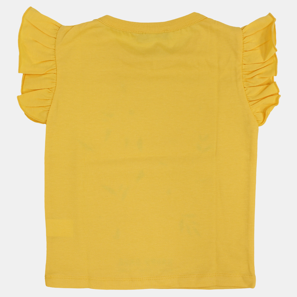 Girls Cotton Ruffled Shoulders T-Shirt – Yellow with a Flower Print