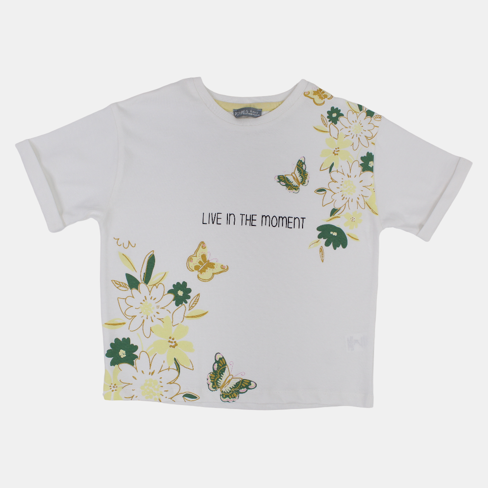 Girls Cotton T-Shirt - Off-White with Flowers Design