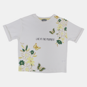 Girls Cotton T-Shirt - Off-White with Flowers Design