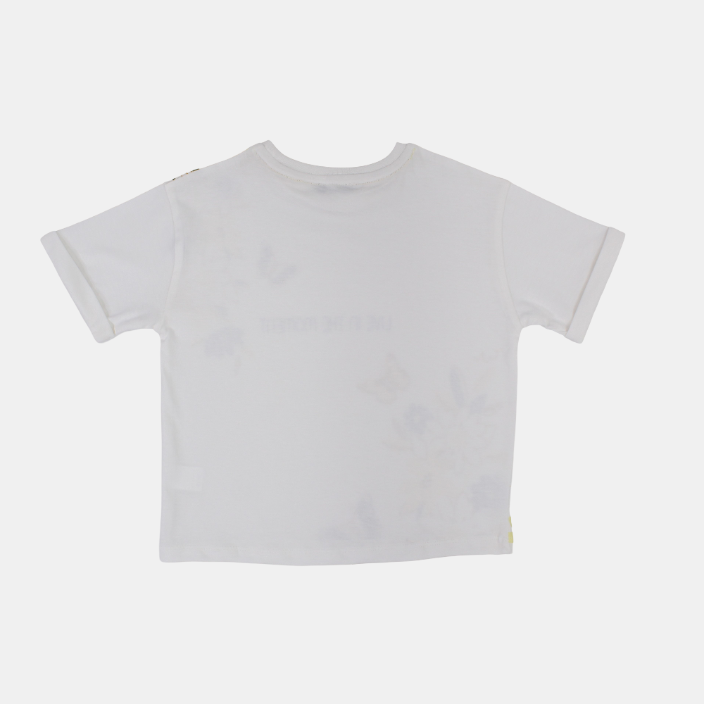 Girls Cotton T-Shirt - Off-White with Flowers Design