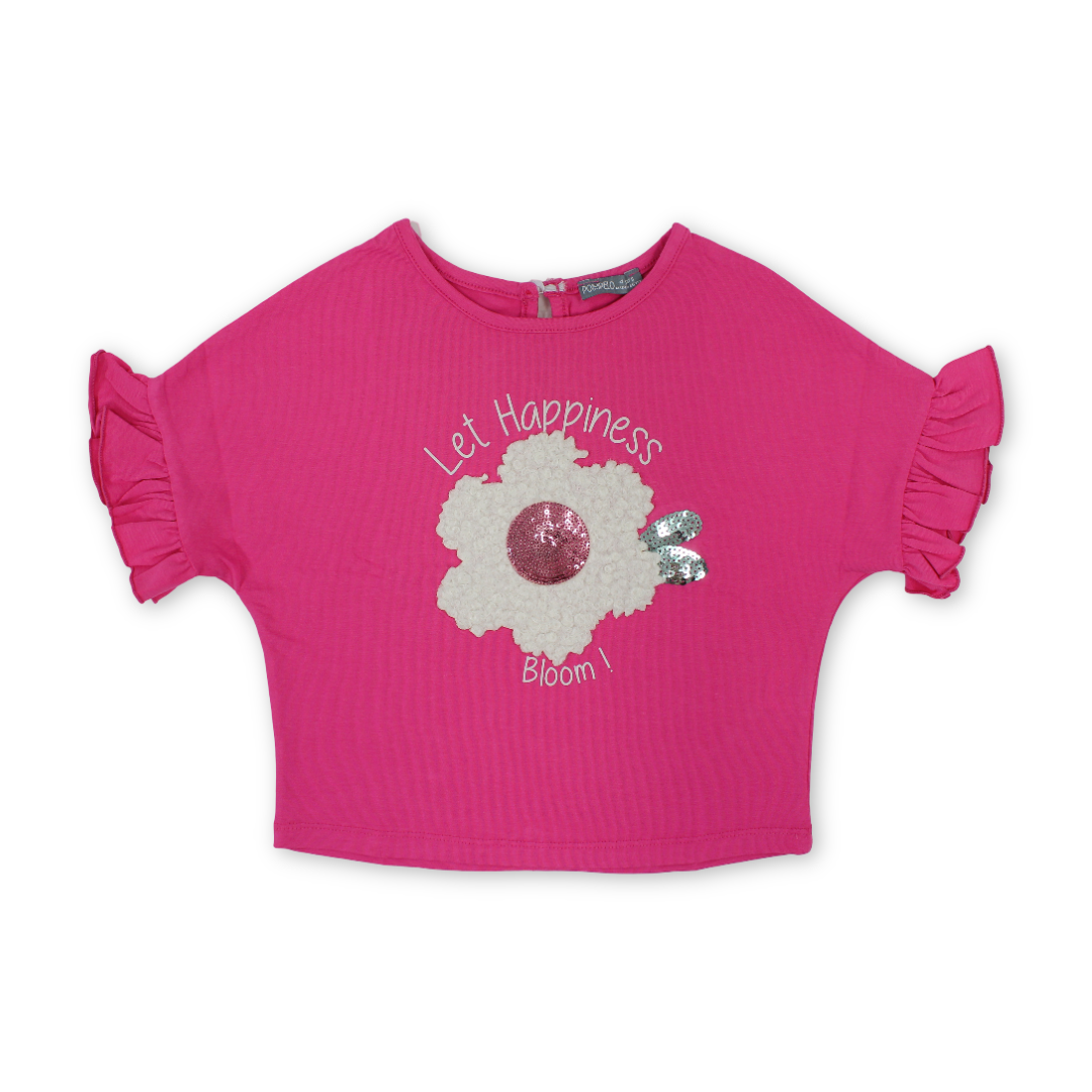 Girls Cotton T-Shirt – Fuchsia with Flower Embroidery - Clothing - Pompelo