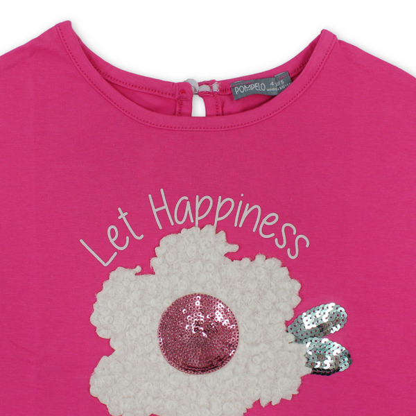 Girls Cotton T-Shirt – Fuchsia with Flower Embroidery