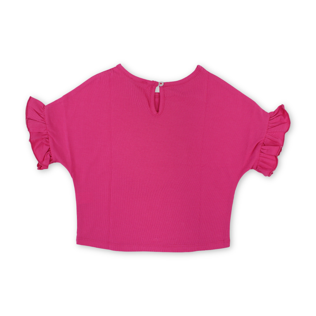 Girls Cotton T-Shirt – Fuchsia with Flower Embroidery