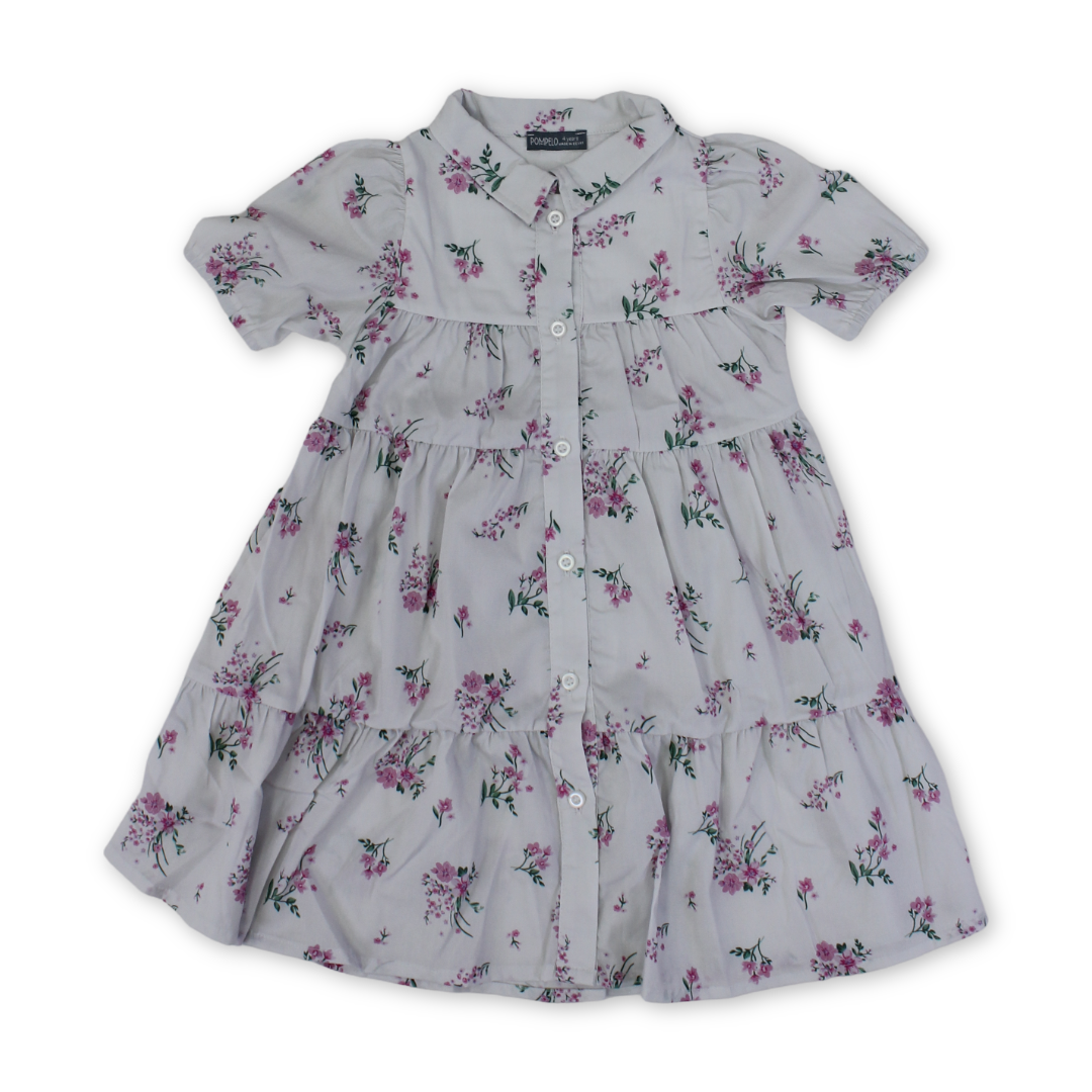 Girls Cotton Dress – Off-White with Flowers Print - Clothing - Pompelo