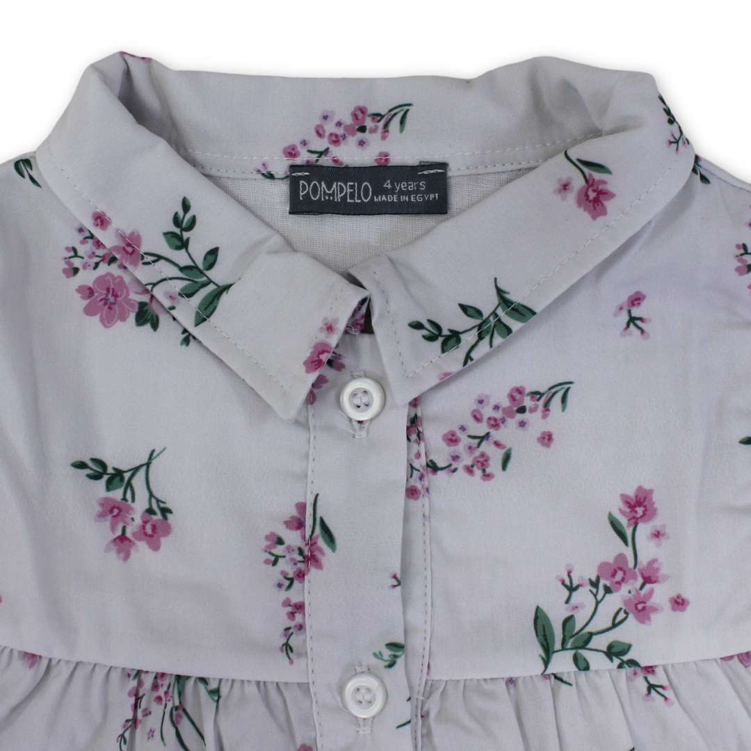 Girls Cotton Dress – Off-White with Flowers Print