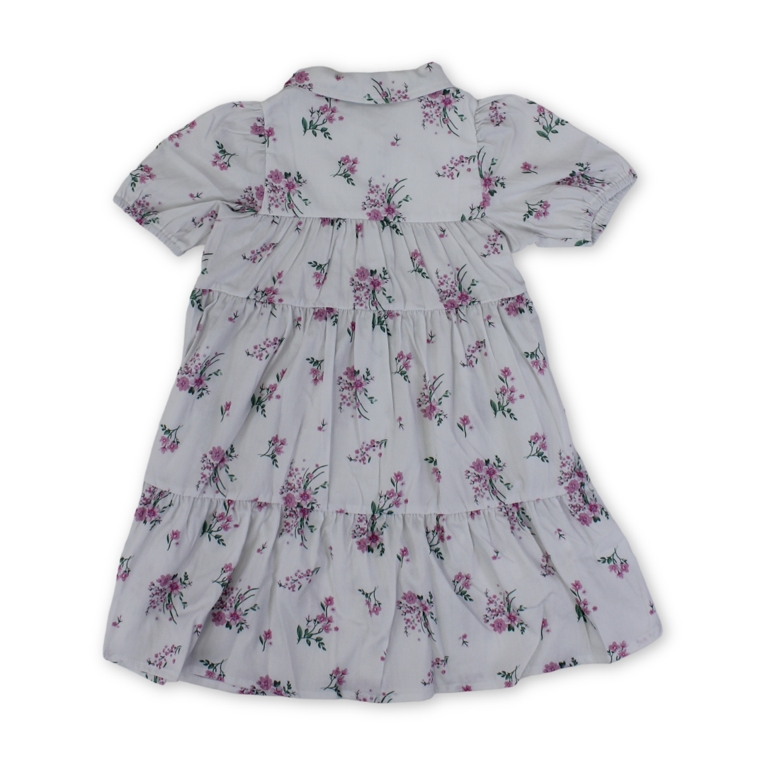 Girls Cotton Dress – Off-White with Flowers Print