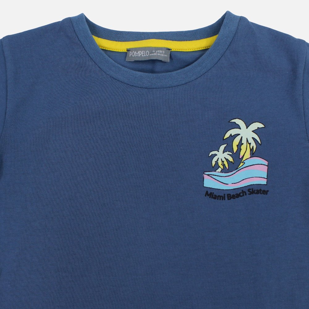 Boys Cotton T-Shirt – Indigo with Palms Print