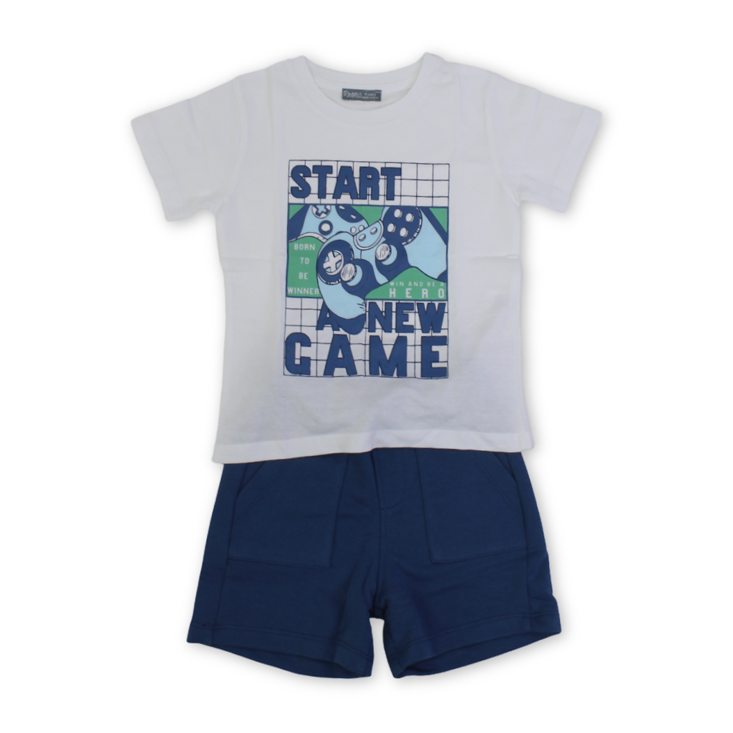 Boys Cotton Outfit Set – White with "Start New Game" Print - Clothing - Pompelo