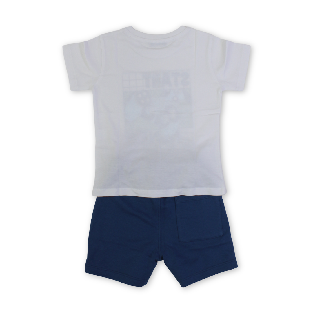 Boys Cotton Outfit Set – White with "Start New Game" Print