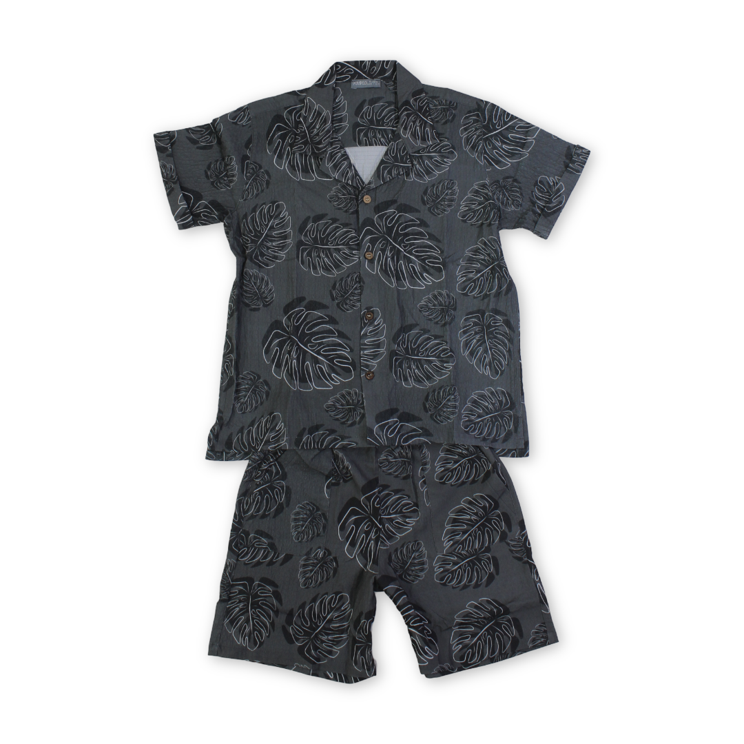Boys Outfit Set – Grey with Leaves Print - Clothing - Pompelo