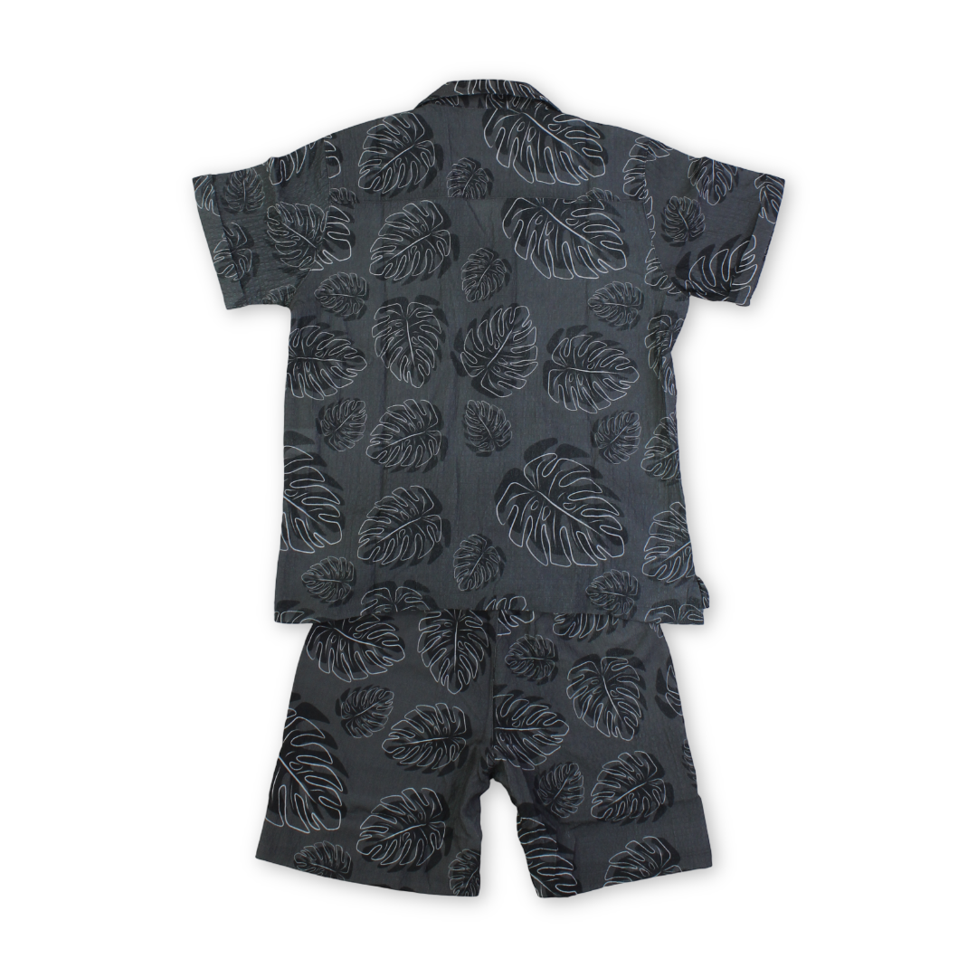 Boys Outfit Set – Grey with Leaves Print