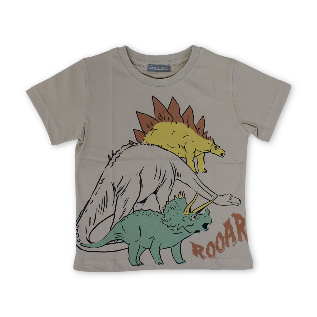 Boys Cotton T-Shirt – Beige with Dino Print