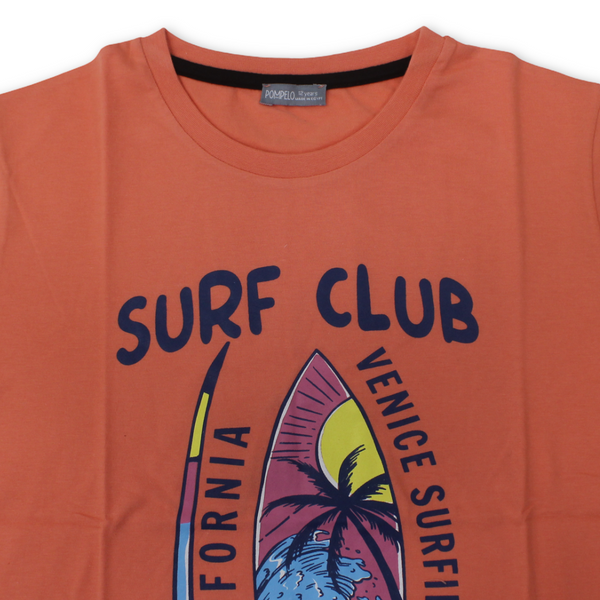 تي شيرت قطني للأولاد – برتقالي مع طبعة "Surf Club"