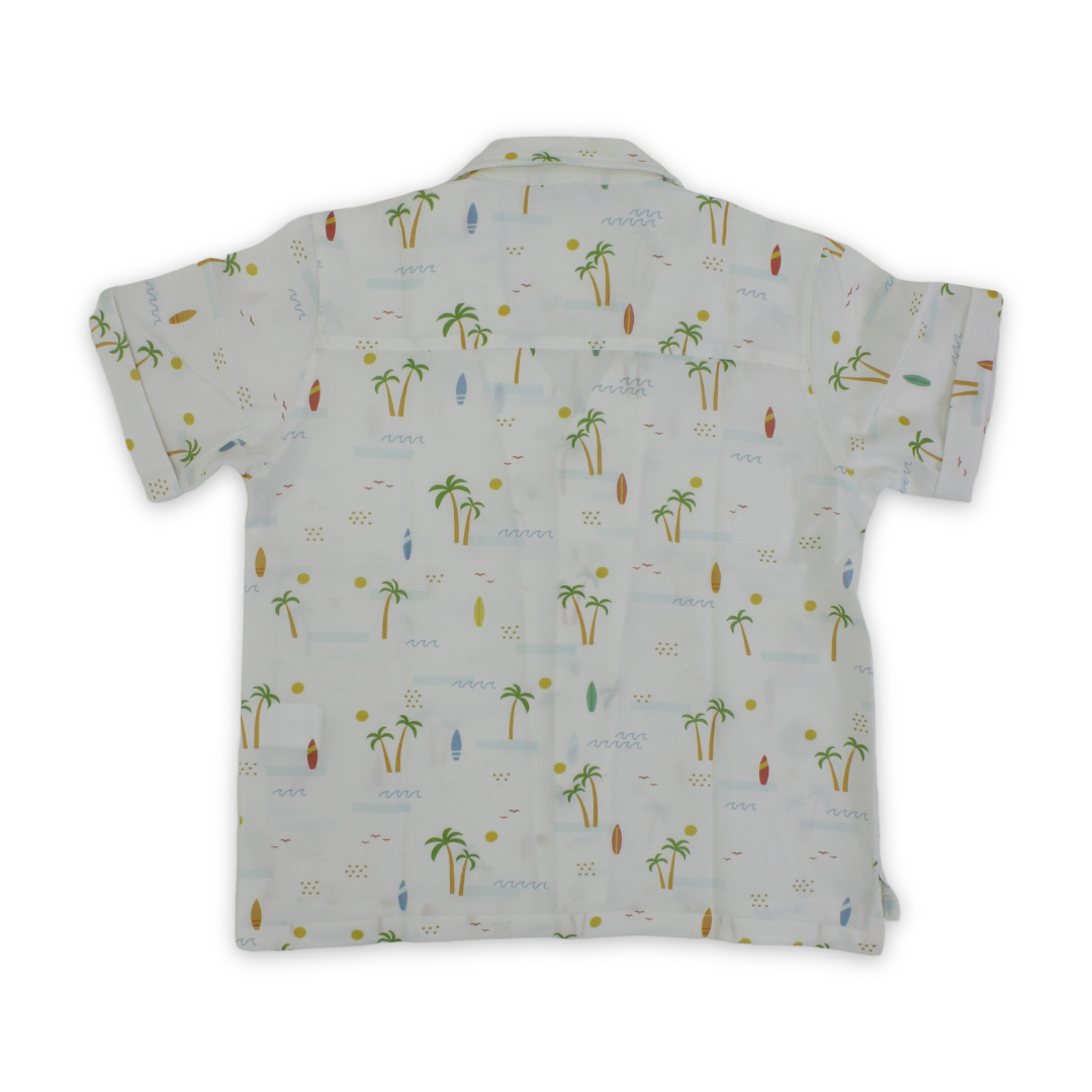 Boys Cotton Shirt – Off-White with Palm Tree Print