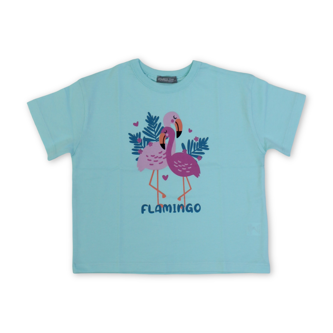Girls Cotton T-Shirt – Aqua with Flamingo Print - Clothing - Pompelo