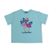 Girls Cotton T-Shirt – Aqua with Flamingo Print