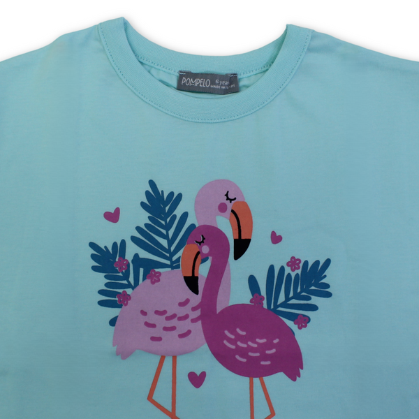 Girls Cotton T-Shirt – Aqua with Flamingo Print