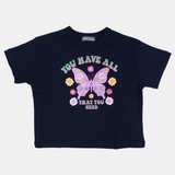 Kids Girls' Cotton Short-Sleeved T-Shirt – Navy Blue with a Butterfly Design