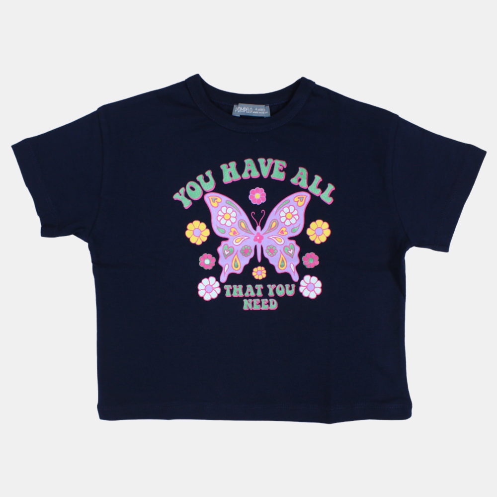 Girls Cotton Short-Sleeved T-Shirt – Navy Blue with a Butterfly Design