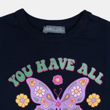 Kids Girls' Cotton Short-Sleeved T-Shirt – Navy Blue with a Butterfly Design