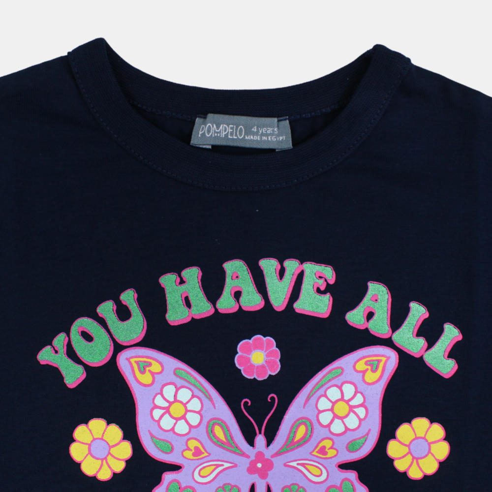 Girls Cotton Short-Sleeved T-Shirt – Navy Blue with a Butterfly Design